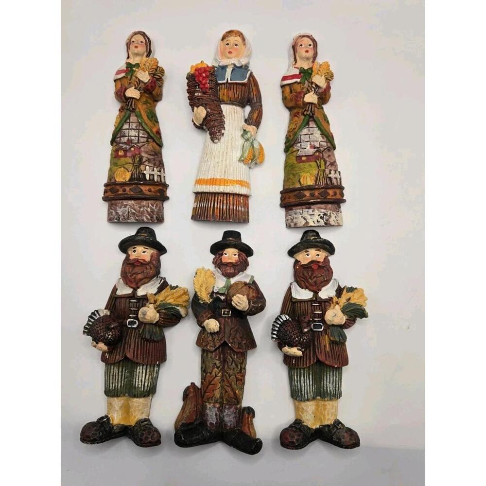 Vintage Thanksgiving Pilgrim Figurines Set of 6 Resin Harvest Decor Flat Backs